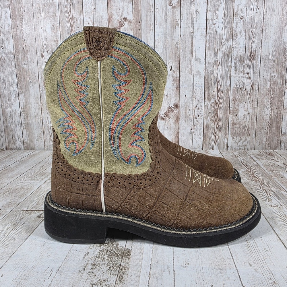 Ariat Fatbaby Womens Brown Suede Croc Print Sage Green Western Boots 10014076 7B